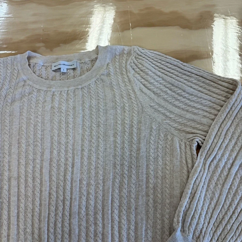 White + Warren Knit Lightweight Linen Blend Beige Cable Knit Crew Neck Sweater L